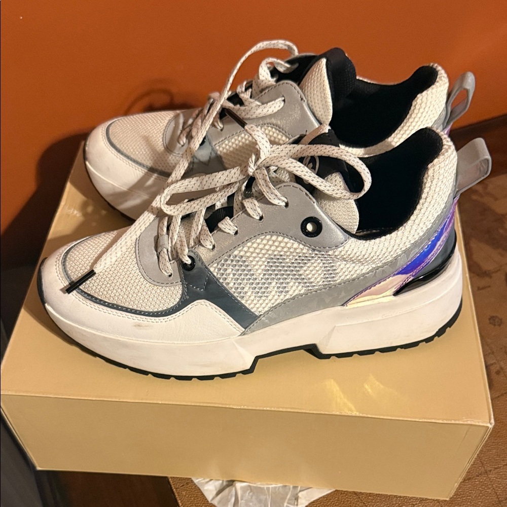 Michael Kors White, Silver and Iridescent Platform Sneakers